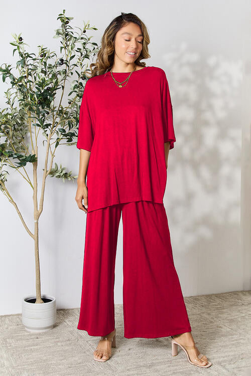 Double Take Full Size Round Neck Slit Top and Pants Set