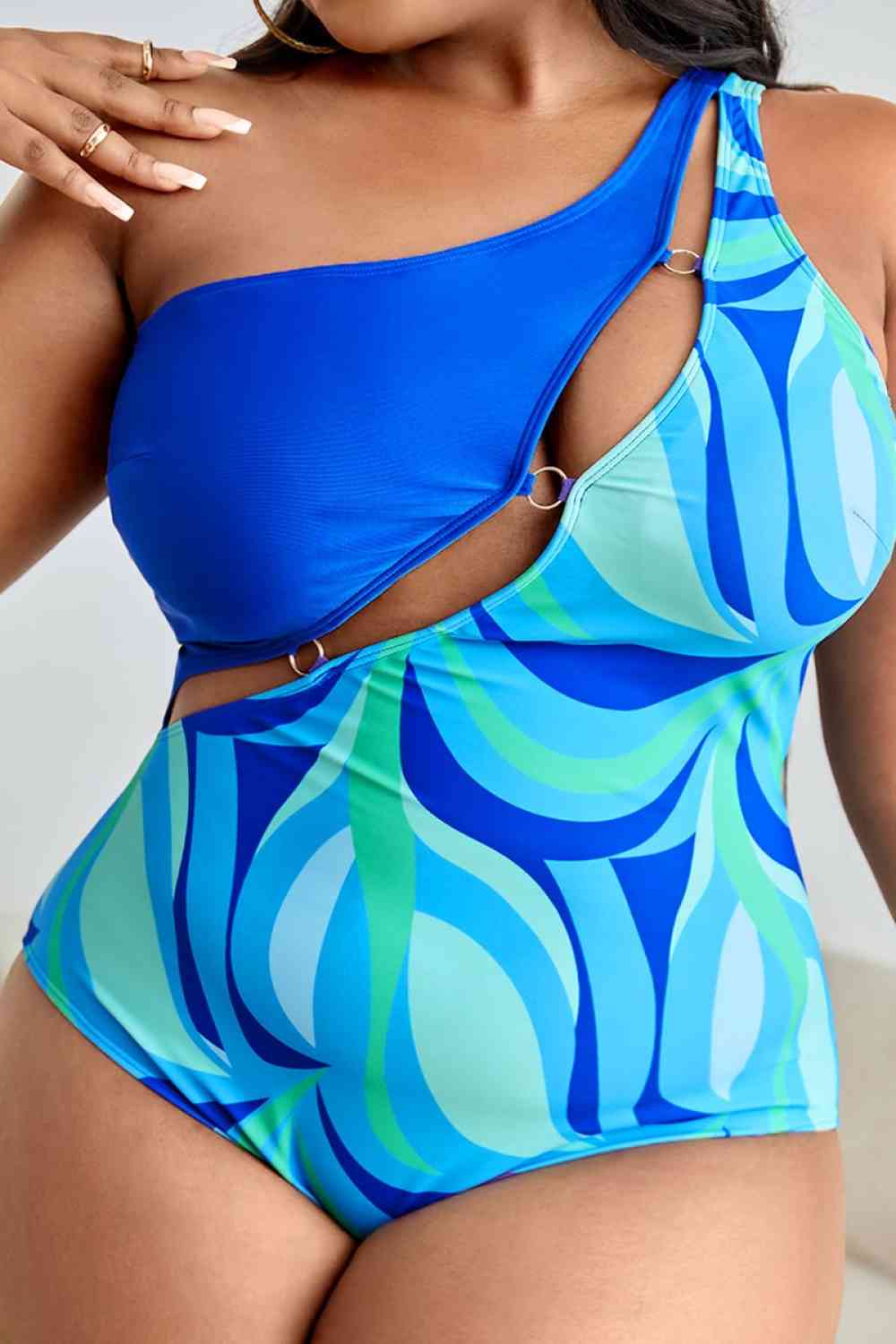 Plus Size Printed Ring Detail One-Shoulder One-Piece Swimsuit